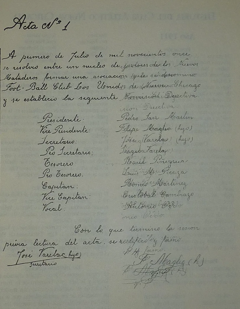 Acta N1 fundacional original del Club Atletico Nueva Chicago, documento historico manuscrito