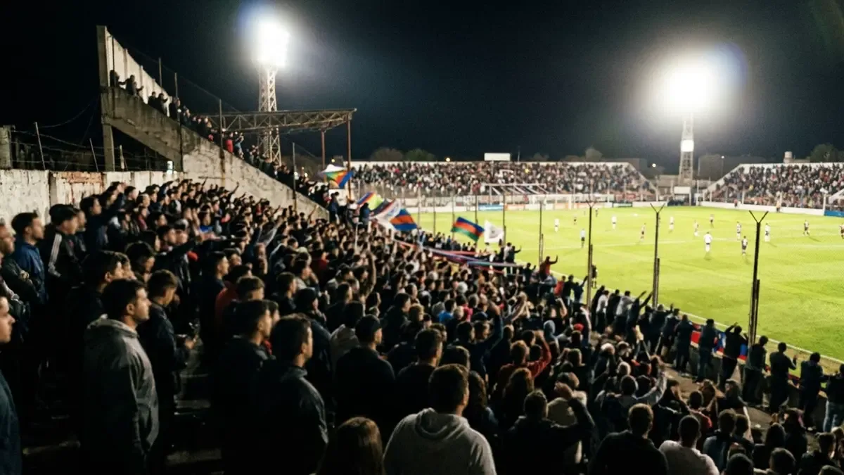 Estadio de fútbol de ascenso con tribunas populares difuminadas bajo luz de reflectores nocturnos