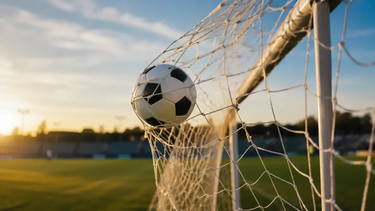 Pelota de fútbol en el instante de entrar en la red del arco