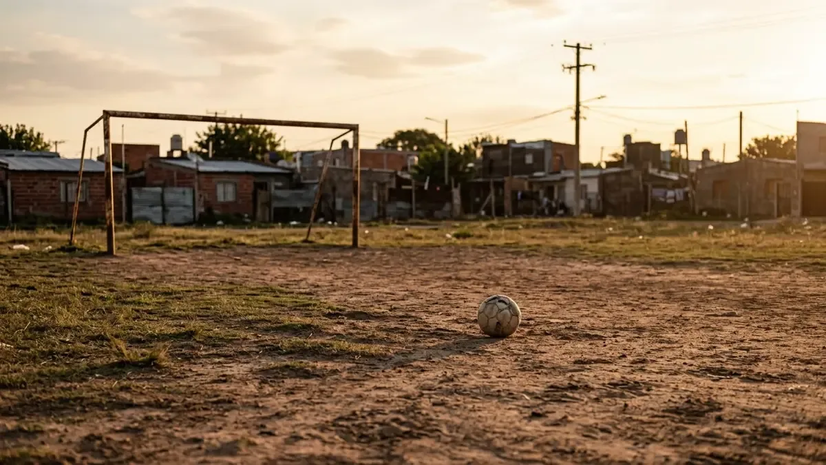 Picado de fútbol en un potrero de tierra con arco improvisado de barrio.