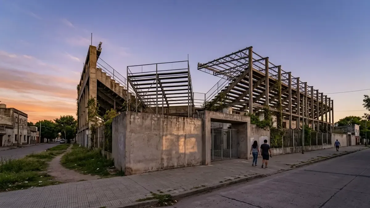 Estadio de fútbol de barrio visto desde afuera con fachada de cemento al atardecer