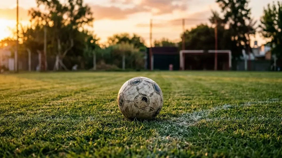 Pelota de fútbol sobre el césped de una cancha de club de barrio.
