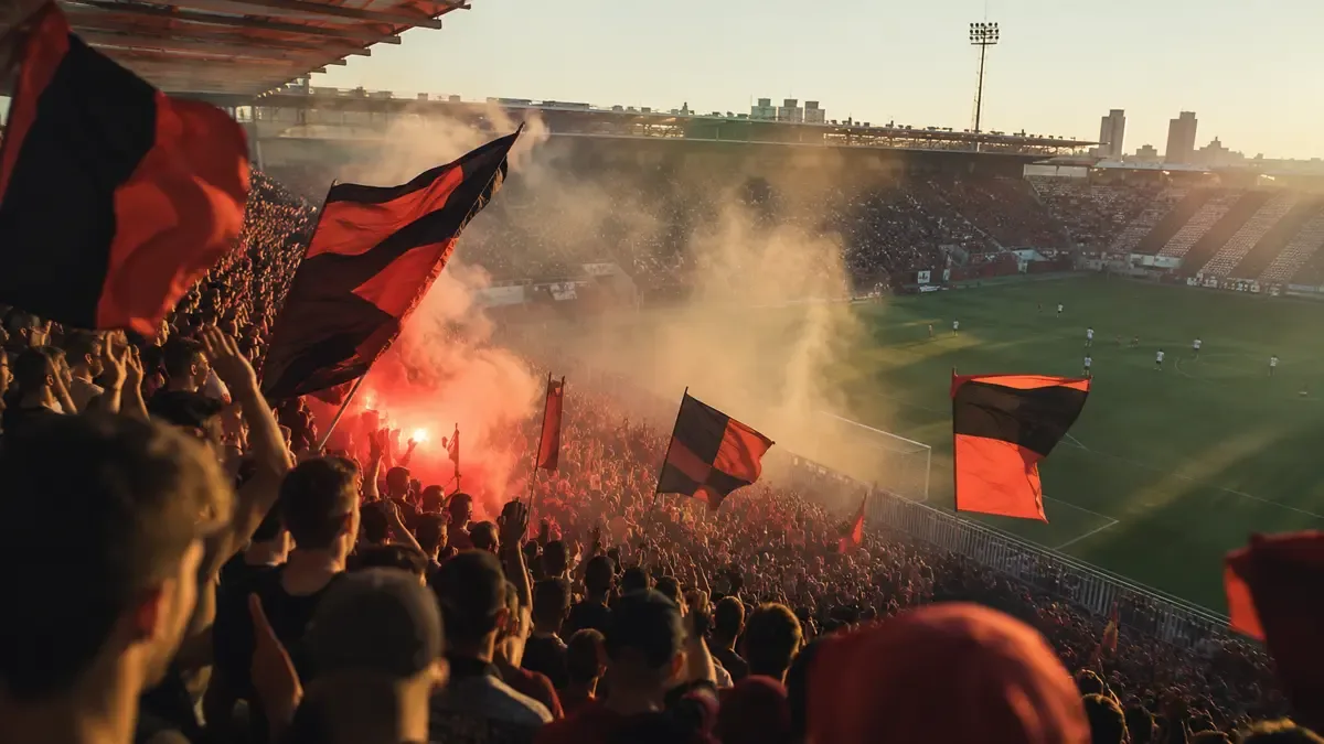 Tribuna de estadio con banderas y humo de bengalas