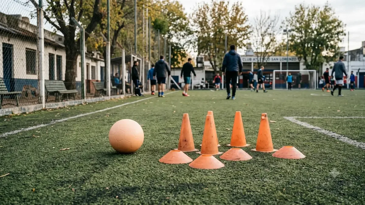 Pelota lisa junto a conos en un club de barrio